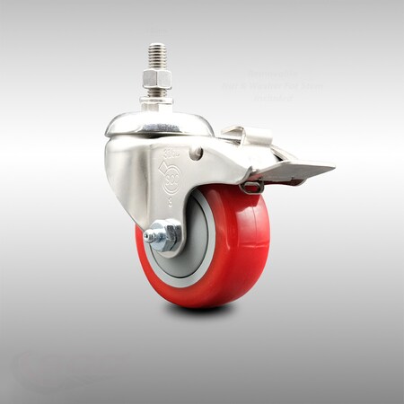 Service Caster 3 Inch 316SS Red Polyurethane Swivel 12mm Stem Caster Total Lock Brake SCC SCC-SS316TSTTL20S314-PPUB-RED-M1215